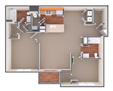 A floor plan of a house with a kitchen, living room, and bathroom.